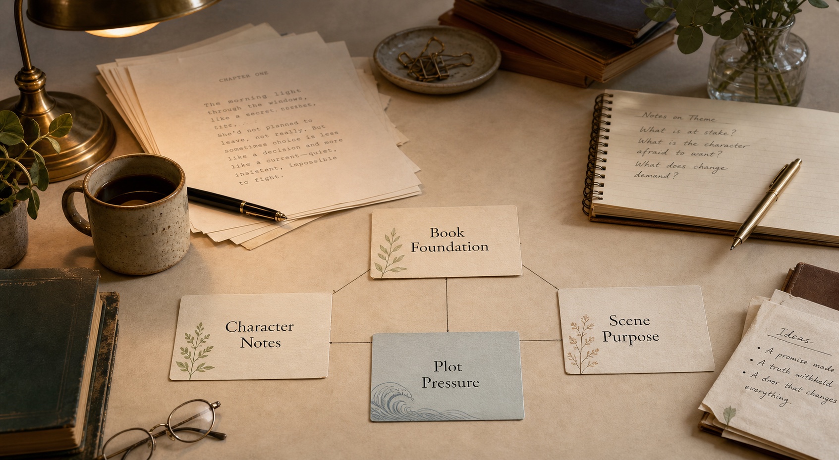 Story planning cards, manuscript pages, and notes arranged on a warm writing desk.