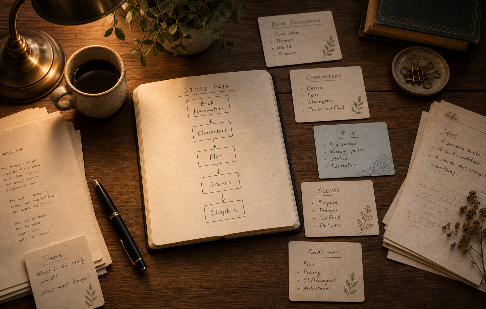 An open notebook with a story path diagram surrounded by character, plot, scene, and chapter notes on a warm writing desk.